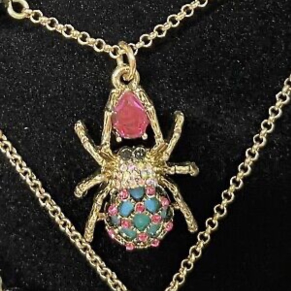 Betsey Johnson Layered Necklace Spider Web Rose Rhinestone - Picture 2 of 11